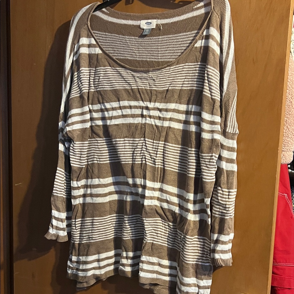 Old Navy Tan and White Striped Blouse